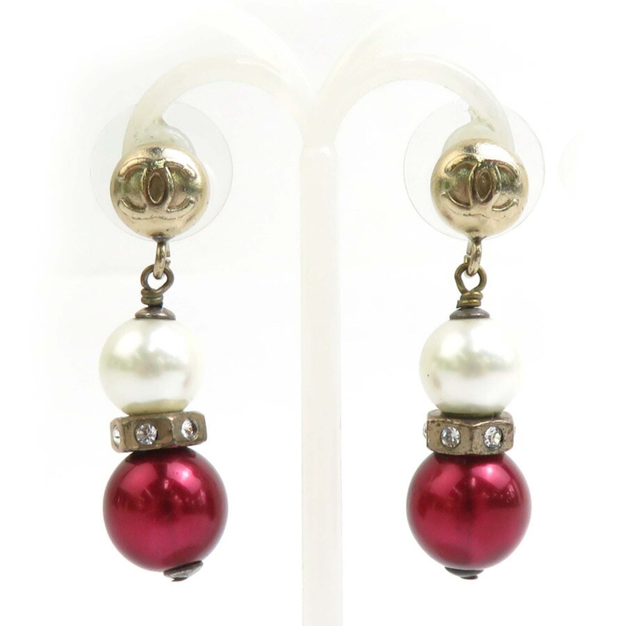 Chanel Earrings Coco Mark Metal Faux Pearl Gold Off-White Burgundy Women's E6...